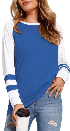 Womens Tops Long Sleeve Shirts for Women Casual Loose Tees Classic Tshirts Fall Clothes Large Royal Blue White