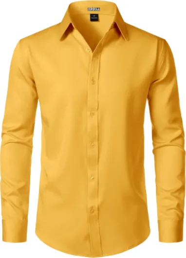 Men's Wrinkle Free Long Sleeve Dress Shirt Business Casual Modern Slim Fit Button Down Shirts for Wedding and Office Gold Large