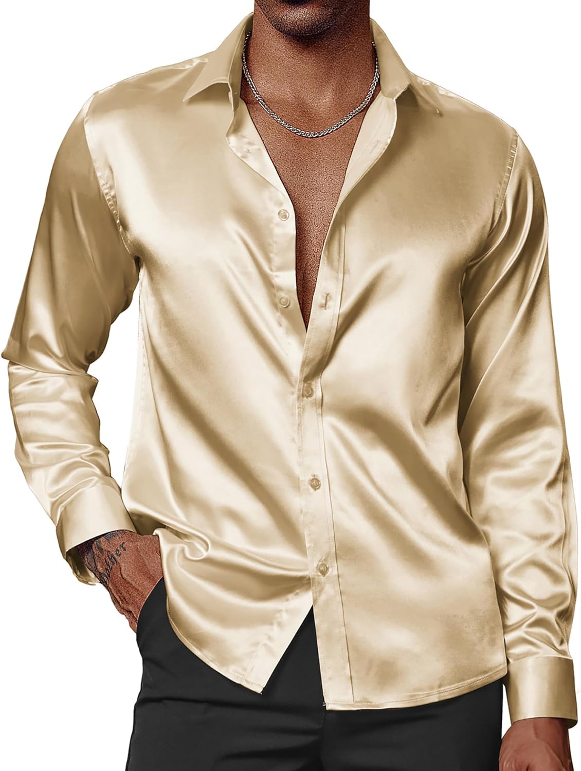 Men's Shiny Satin Dress Shirts Long Sleeve Button Down Silk Shirt with Bow Tie X-Large Gold