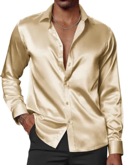 Men's Shiny Satin Dress Shirts Long Sleeve Button Down Silk Shirt with Bow Tie X-Large Gold