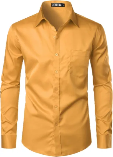 Men's Urban Stylish Casual Business Slim Fit Long Sleeve Button Up Dress Shirt with Pocket Large Golden