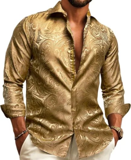 Barry.Wang Mens Western Shirts Silk Paisley Long Sleeve Button Down Dress Shirt Designer Mexico Cowboy Shirt Party Casual Large Gold Woven Flower