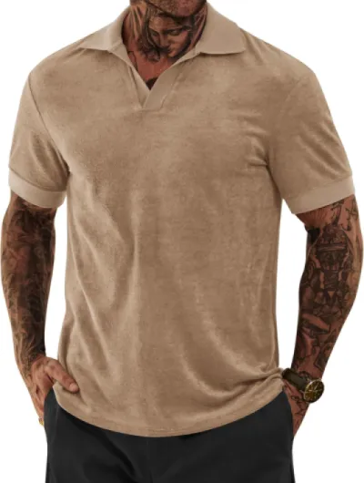 Mens Terry Polo Shirts Johnny Collar Casual Summer Short Sleeve Buttonless Shirt (S-XXL) Khaki Small
