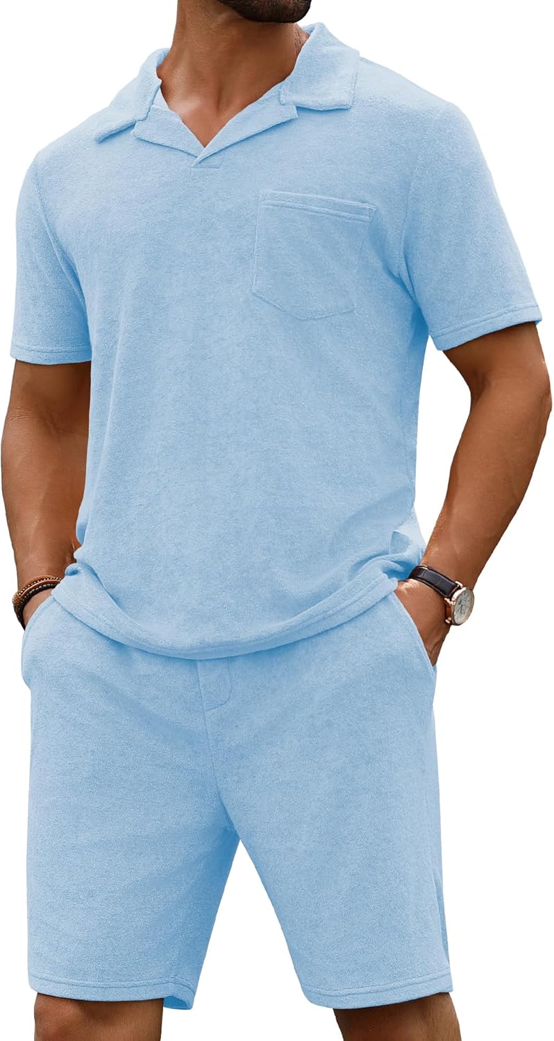 Men's Polo Shirt and Shorts Set Summer Outfits Beach Terry Casual Short Sleeve 2 Piece Short Set for Men Light Blue XX-Large