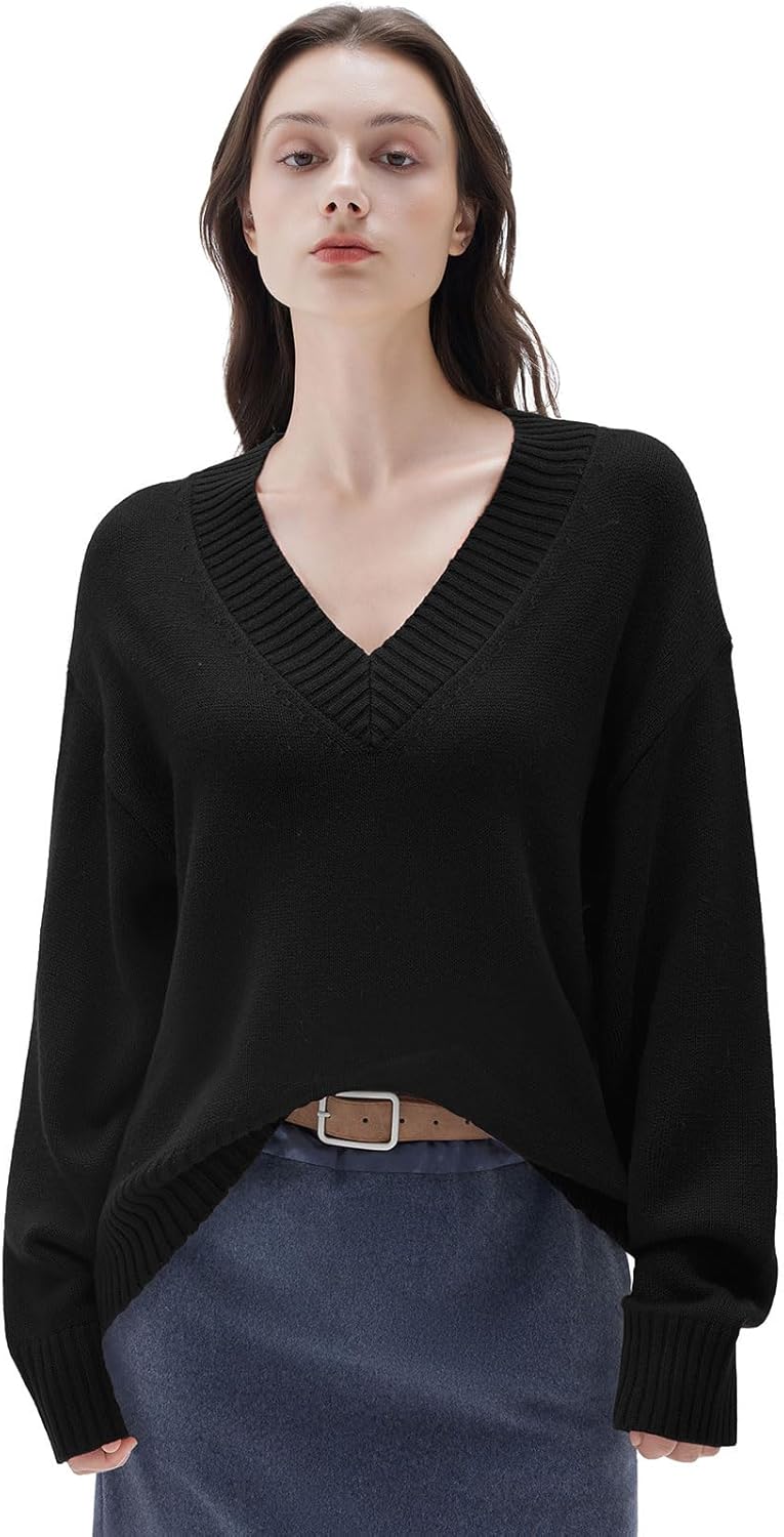 Women Cashmere Oversized V Neck Pullover Sweaters Long Sleeve Jumpers Jet Black Medium