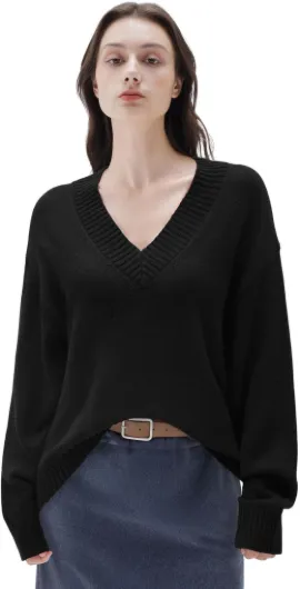 Women Cashmere Oversized V Neck Pullover Sweaters Long Sleeve Jumpers Jet Black Medium