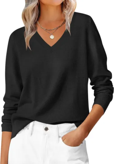 Womens Long Sleeve V Neck Sweaters 2025 Fall Casual Classic Soft Loose Fit Basic Pullover Jumper Top Black Small