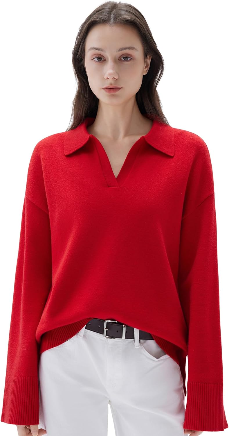 Women Cashmere Oversized V Neck Pullover Sweaters Long Sleeve Collared Knit Jumper Tops Red Medium