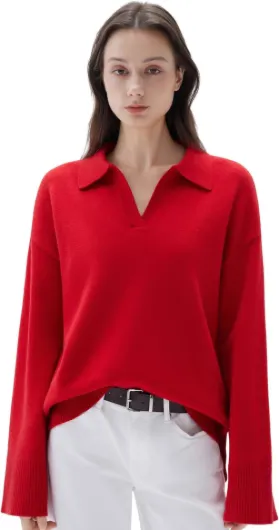 Women Cashmere Oversized V Neck Pullover Sweaters Long Sleeve Collared Knit Jumper Tops Red Medium