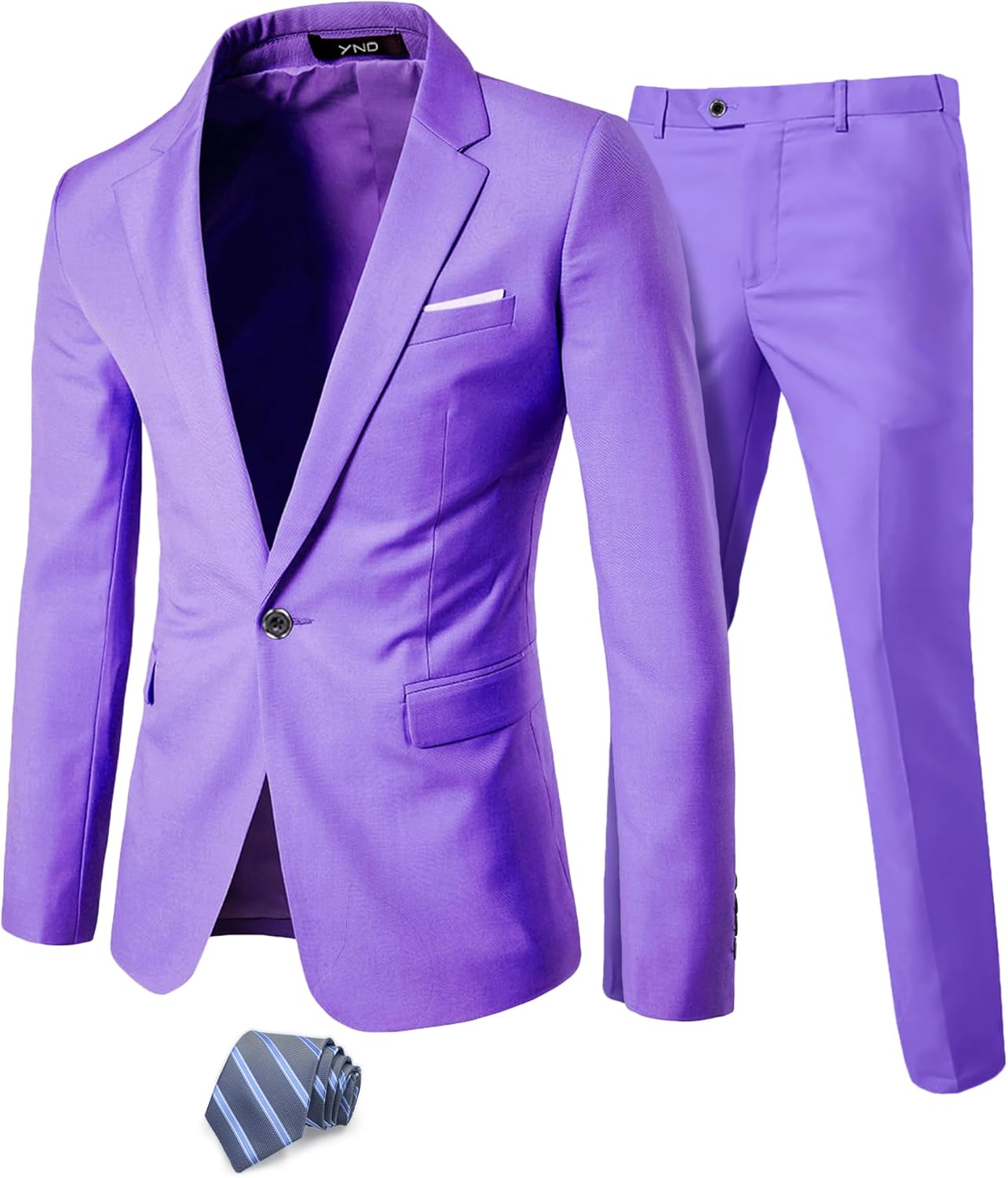 Men's 2 Piece Suit with Tie, One Button Slim Fit Solid Jacket and Pants Set, Suits for Men Prom Party Wedding & Business Large Purple