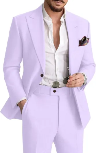 Mens Linen Suit 2 Piece Casual Suits for Men Summer Beach Groom Wedding Suit Linen Blazer Pants Set Lavender Small
