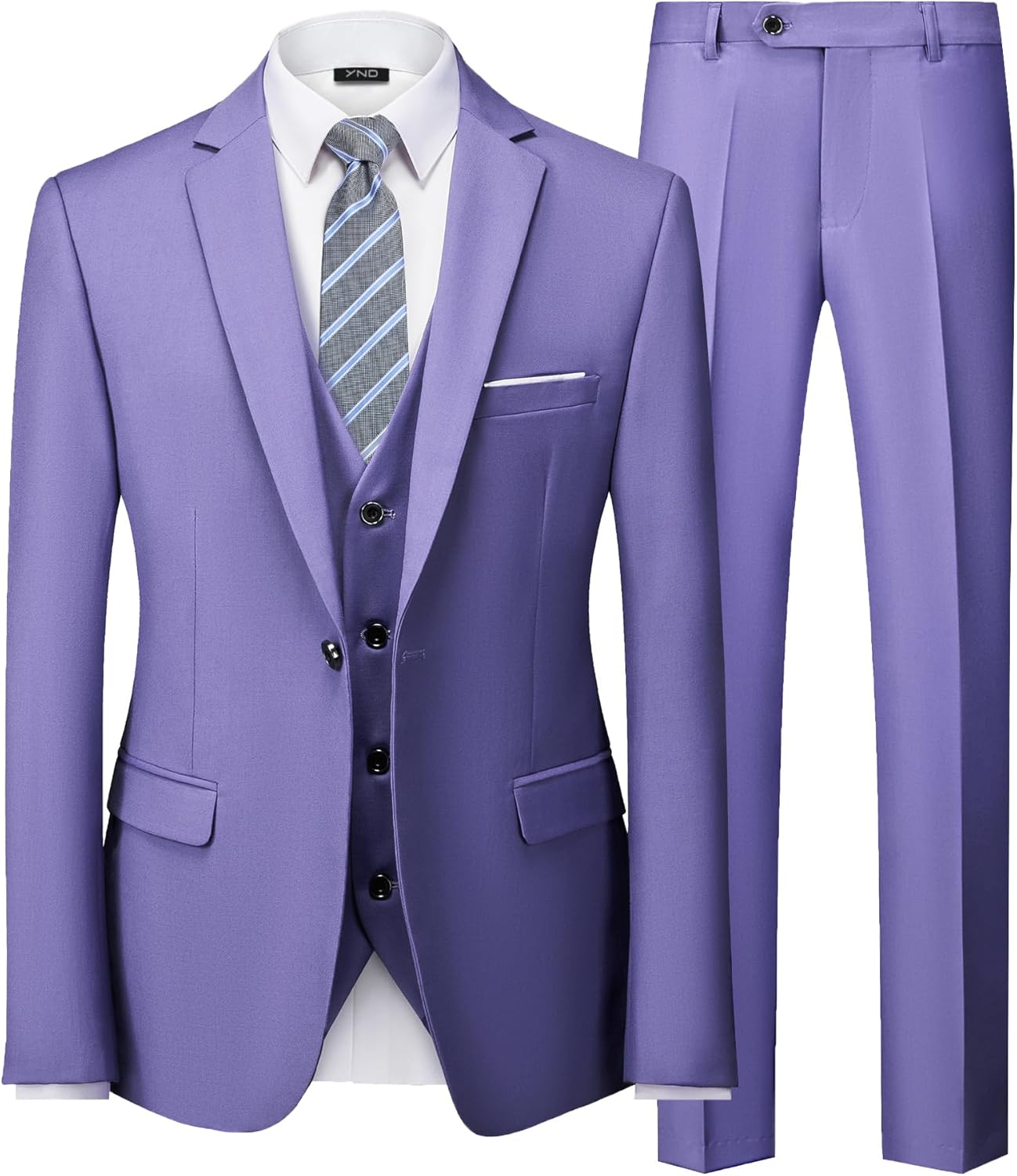 Men's Slim Fit 3 Piece Suit, One Button Solid Jacket Vest Pants Set with Tie Purple Medium