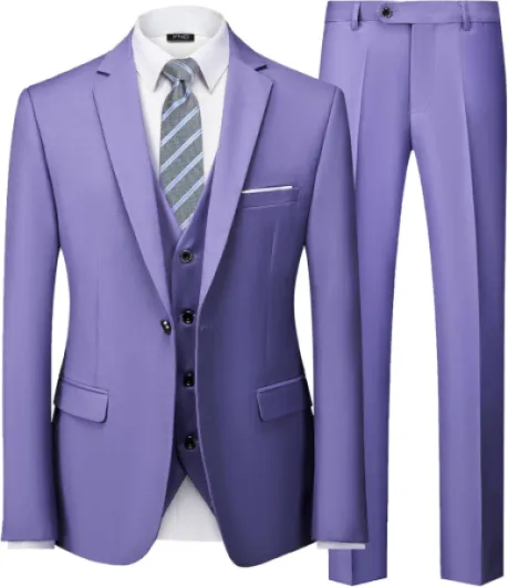 Men's Slim Fit 3 Piece Suit, One Button Solid Jacket Vest Pants Set with Tie Purple Medium