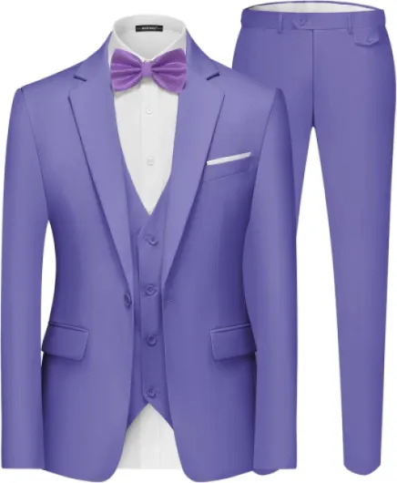 Men's 3 Pieces Suit Elegant Solid One Button Slim Fit Single Breasted Party Blazer Vest Pants Set Violets Medium