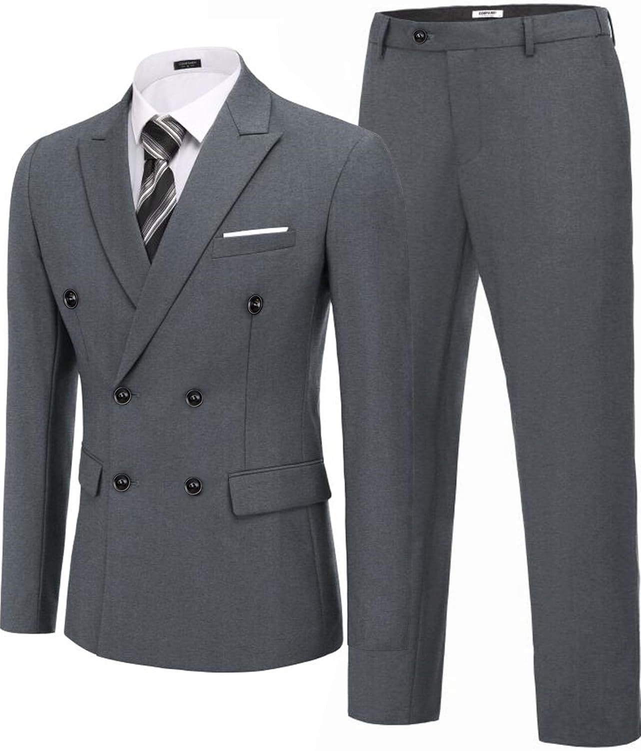 Men's 2 Piece Double Breasted Suits Slim Fit Tuxedo Jacket and Dress Pants Set for Wedding Business Prom Heather Grey 44