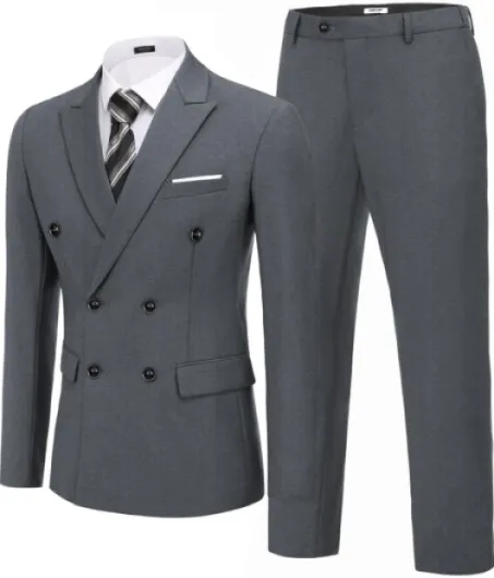 Men's 2 Piece Double Breasted Suits Slim Fit Tuxedo Jacket and Dress Pants Set for Wedding Business Prom Heather Grey 44
