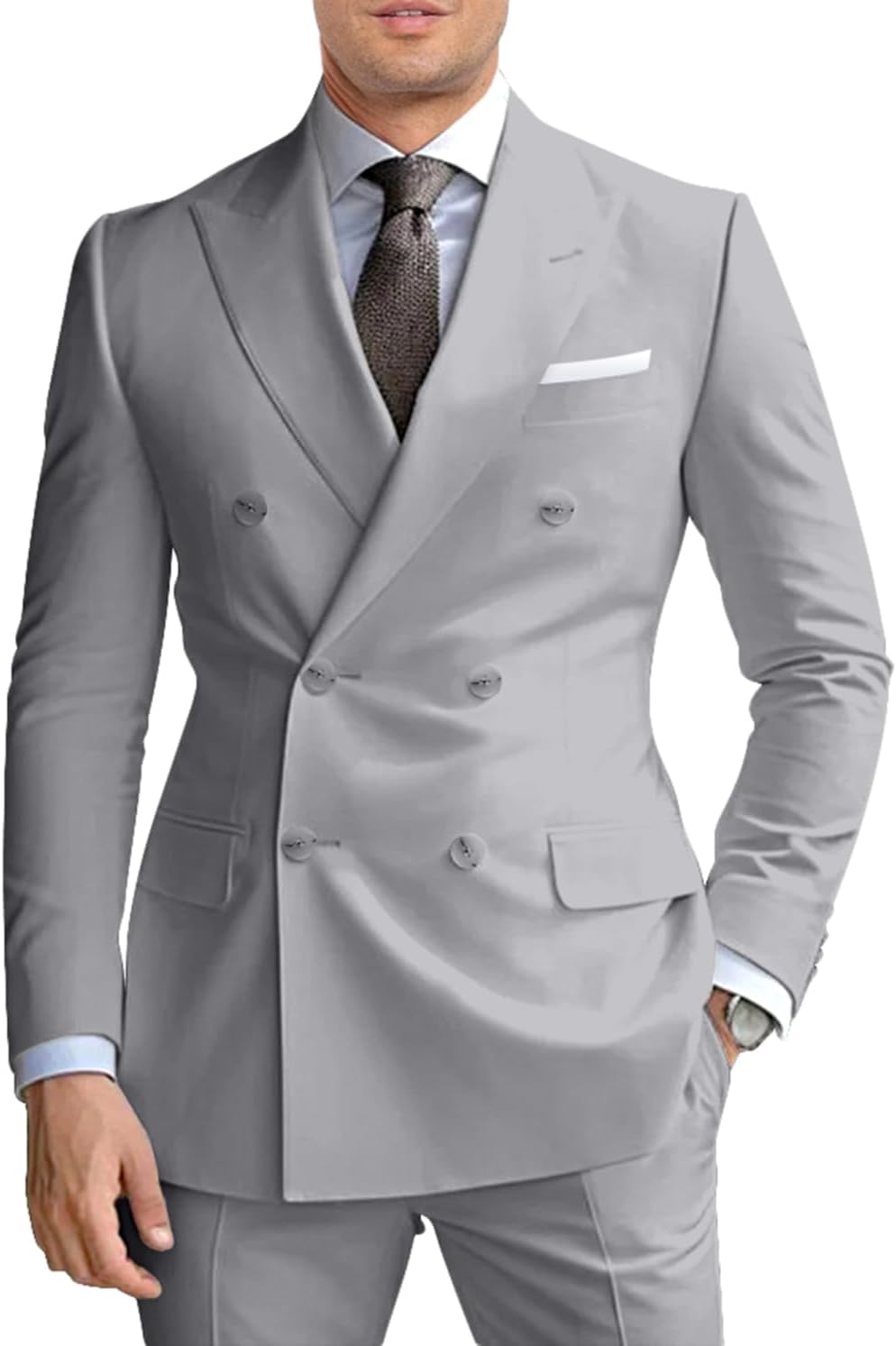 Men Suits Slim Fit 2 Piece Suit for Wedding Peak Lapel Suit Jacket Pants Set Business Formal Suits Prom Tuxedos Light Grey Large