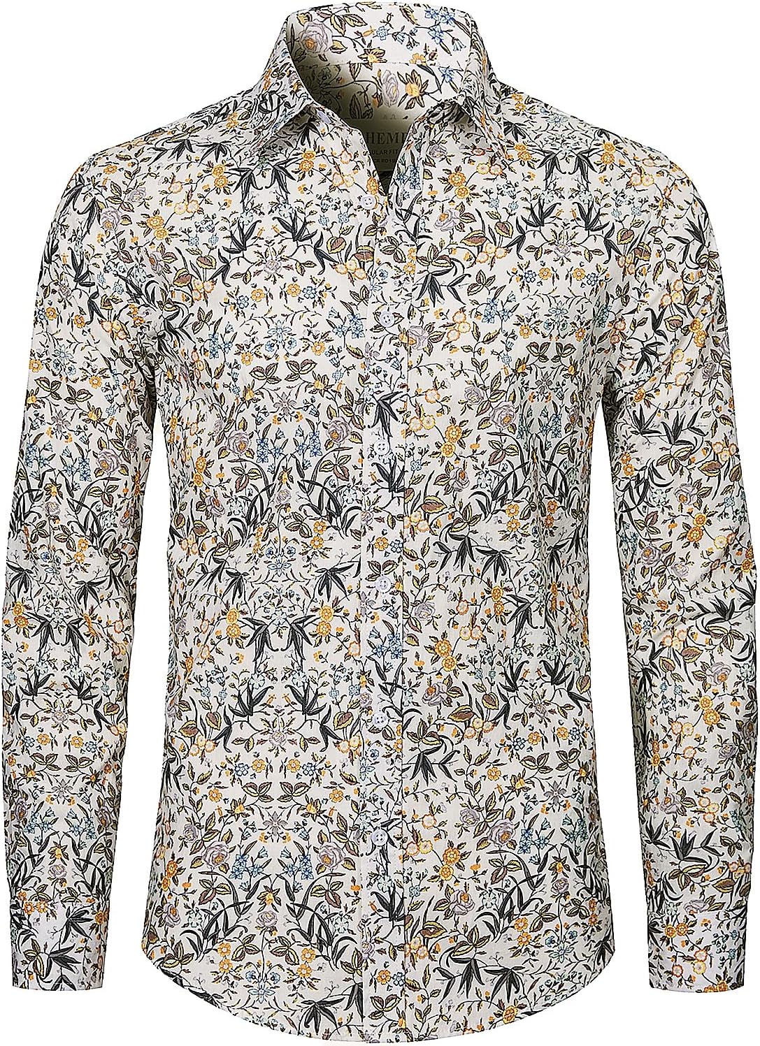 Mens Floral Shirt Casual Button Down Long Sleeve Flower Printed Shirt 100% Cotton 3X-Large C114yellow