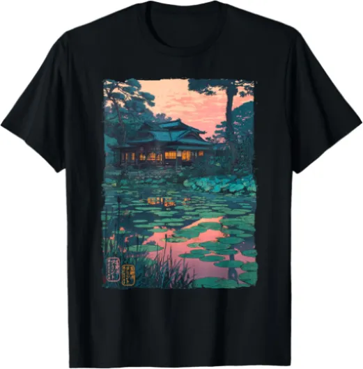 Japanese House Pond Woodblock Print Vintage Scenery T-Shirt