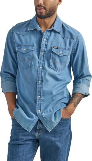 Mens Iconic Denim Regular Fit Snap Shirt Large Lake Wash