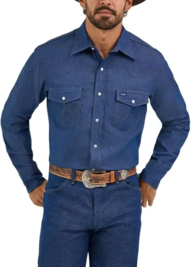Men's Cowboy Cut Western Chambray Snap Long Sleeve Work Shirt X-Large Indigo