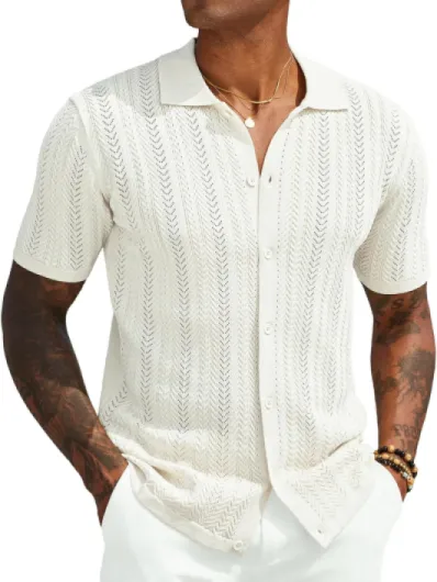 Mens Knit Shirt 2025 Short Sleeve Casual Button Down Shirt Summer Beach Vacation Shirts Large Cream