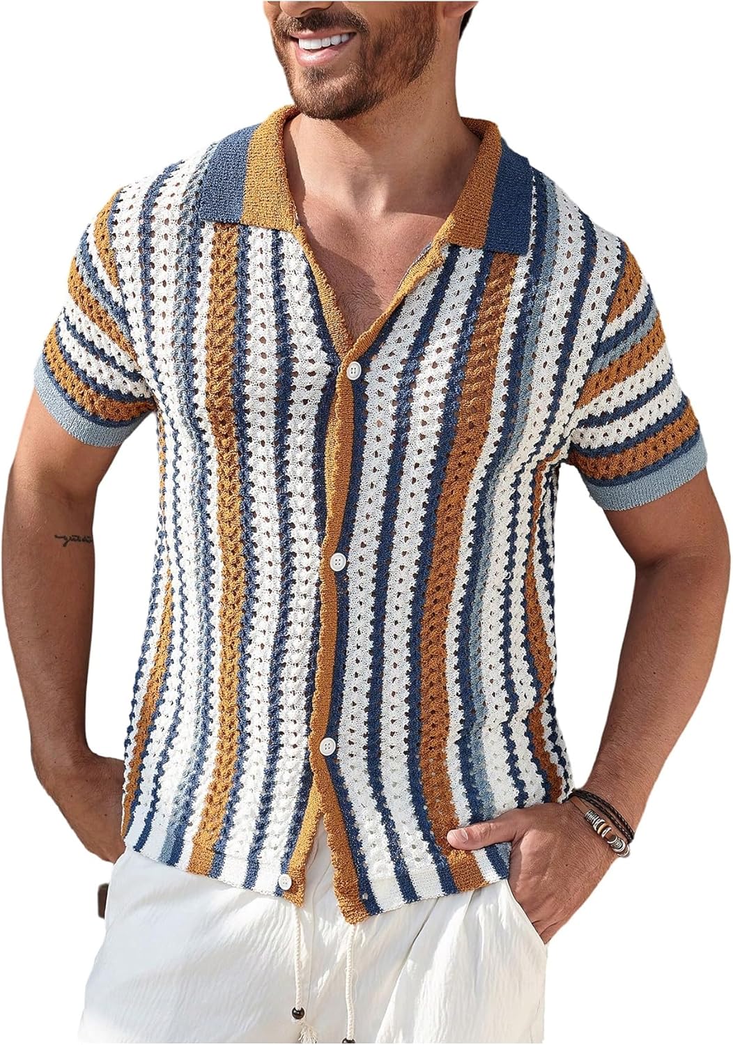 Men's Striped Crochet Shirt Hollow Out Button Down Short Sleeve Collared Knit Tops Medium Multicolor