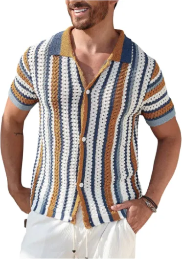 Men's Striped Crochet Shirt Hollow Out Button Down Short Sleeve Collared Knit Tops Medium Multicolor