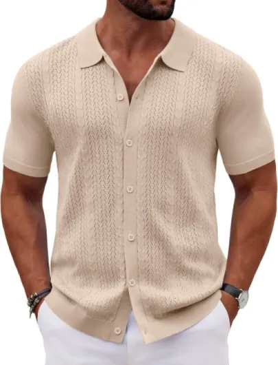 Men's Short Sleeve Knit Button Down Shirts Vintage Polo Shirt Casual Summer Beach Tops Apricot X-Large