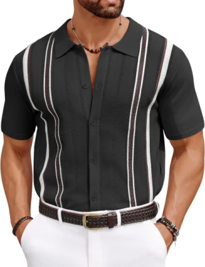 Knit Shirts for Men Casual Short Sleeve Button Down Shirts Summer Beach Stretch Fit Collared Shirts Large Black