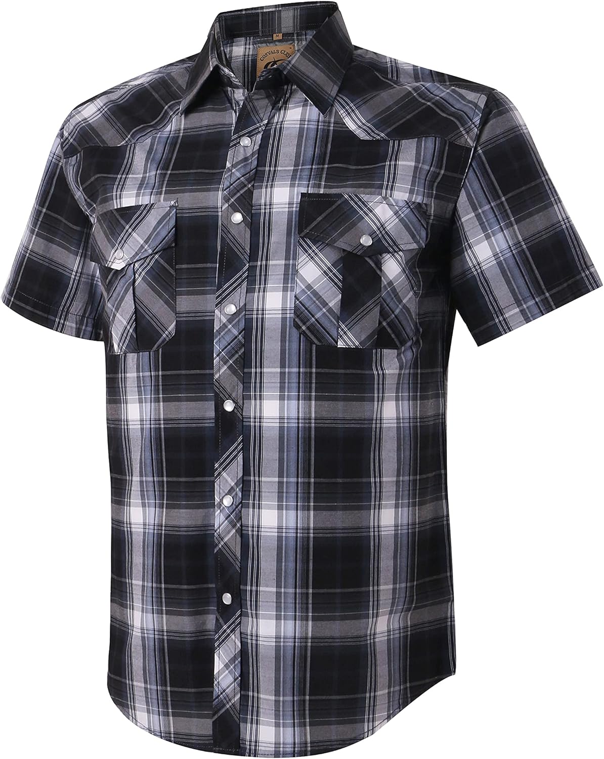 Men's Western Plaid Pearl Snap Buttons Two Pocket Casual Short Sleeve Shirts 9# Gray,black X-Large