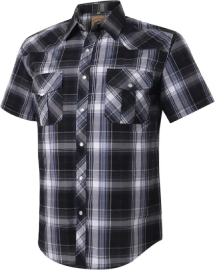 Men's Western Plaid Pearl Snap Buttons Two Pocket Casual Short Sleeve Shirts 9# Gray,black X-Large