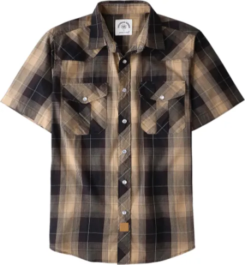 ® Western Shirts for Men Short Sleeve Plaid Pearl Snap Shirts for Men Button Up Shirt Cowboy Casual Work Shirt X-Large Brown Khaki