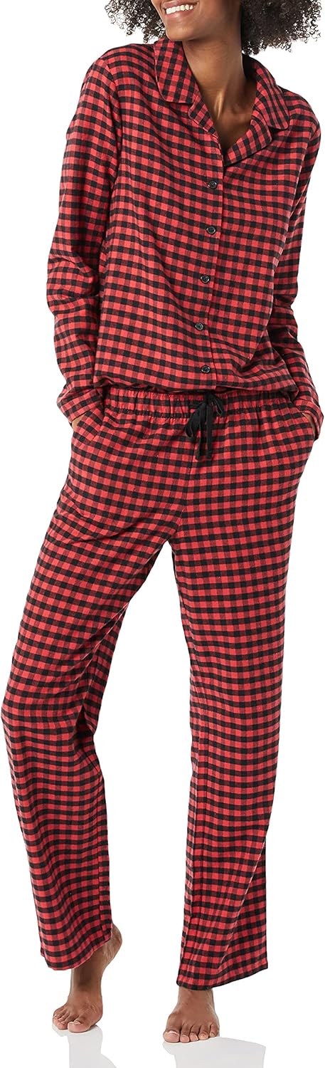 Womens Flannel Long-Sleeve Button Front Shirt and Pant Pajama Set X-Large Black Red Mini Buffalo Plaid