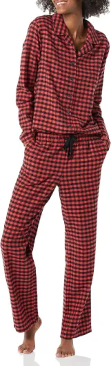 Womens Flannel Long-Sleeve Button Front Shirt and Pant Pajama Set X-Large Black Red Mini Buffalo Plaid