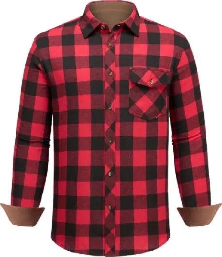 Mens Flannel Shirts Buffalo Plaid Long Sleeve Button Down Shirt Cotton Casual Checkered Jacket with Pocket Black/Red Large