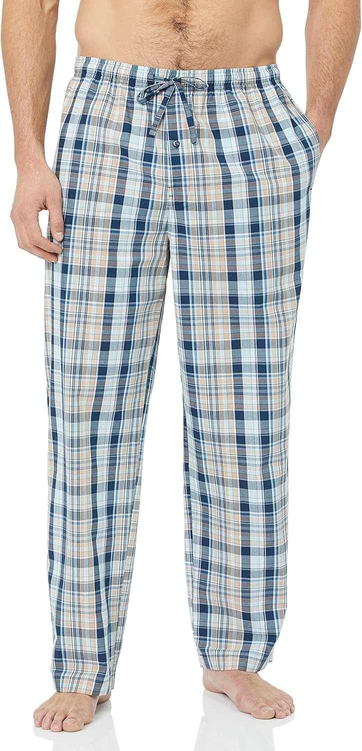 Mens Straight-Fit Woven Pajama Pant with Pockets Medium Blue Light Orange Madras Plaid