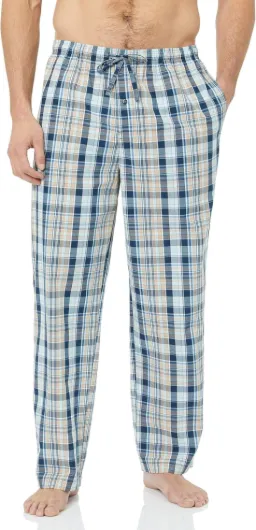 Mens Straight-Fit Woven Pajama Pant with Pockets Medium Blue Light Orange Madras Plaid