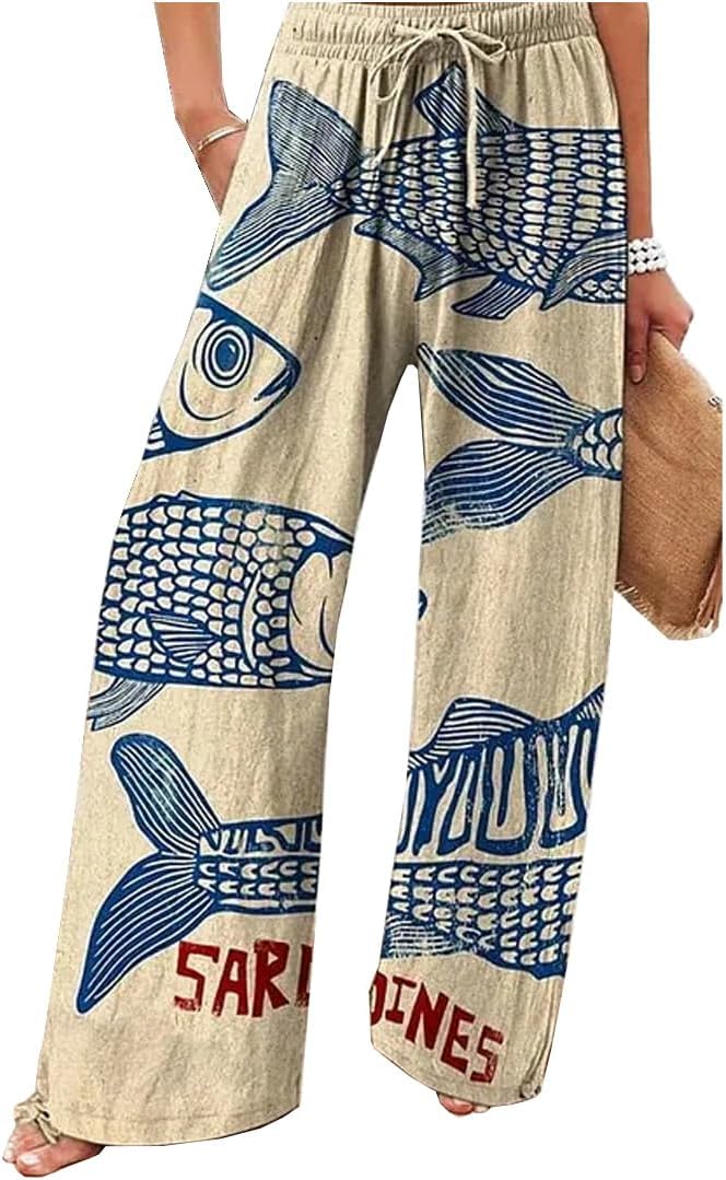 Women's Sardine Graphic Palazzo Pants Elastic Wide Leg High Waisted Vacation Baggy Boho Pants with Pockets Apricot Large