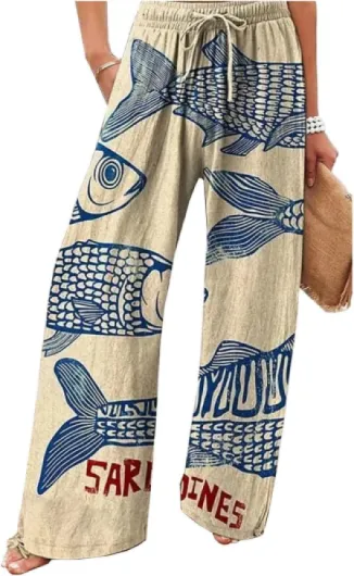 Women's Sardine Graphic Palazzo Pants Elastic Wide Leg High Waisted Vacation Baggy Boho Pants with Pockets Apricot Large