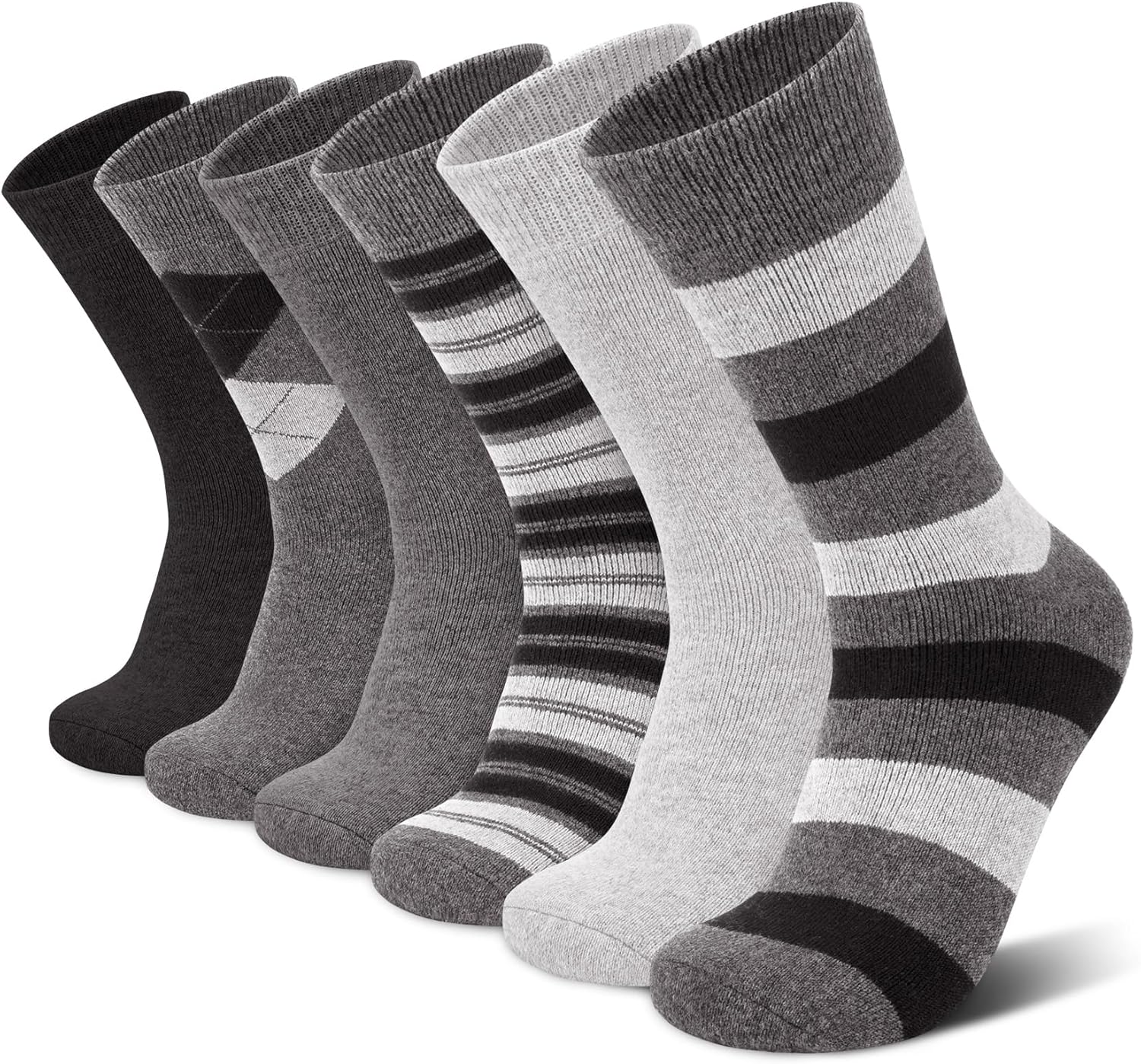 6/2 Pairs Merino Wool Socks for Men Thick Warm Thermal Winter Striped Dress Hiking Crew Men Socks Size 9-14 #-Gray Pattern Mix