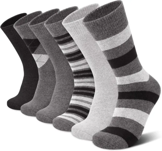 6/2 Pairs Merino Wool Socks for Men Thick Warm Thermal Winter Striped Dress Hiking Crew Men Socks Size 9-14 #-Gray Pattern Mix