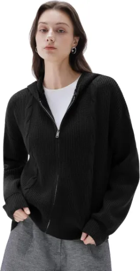 Women Chunky Knit Cashmere Sweaters Zip up Oversized Hoodies Cardigan with Pockets Long Sleeve Fall Outerwear Small Black