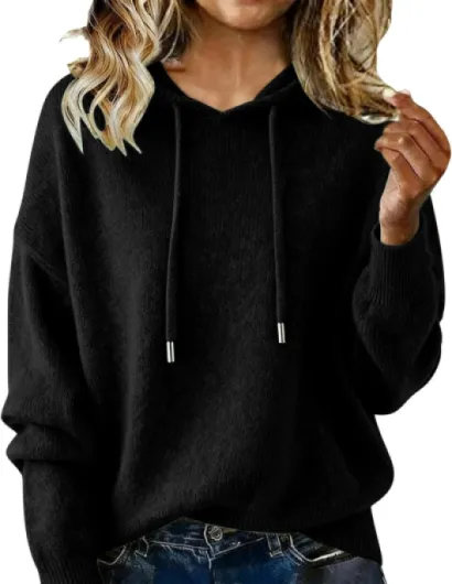 Cozy Cashmere Sweaters for Women Soft Plain Knit Wool Drawstring Hoodie Warm Fall Winter Fashion Clothes Plus Size 2025 Black Large