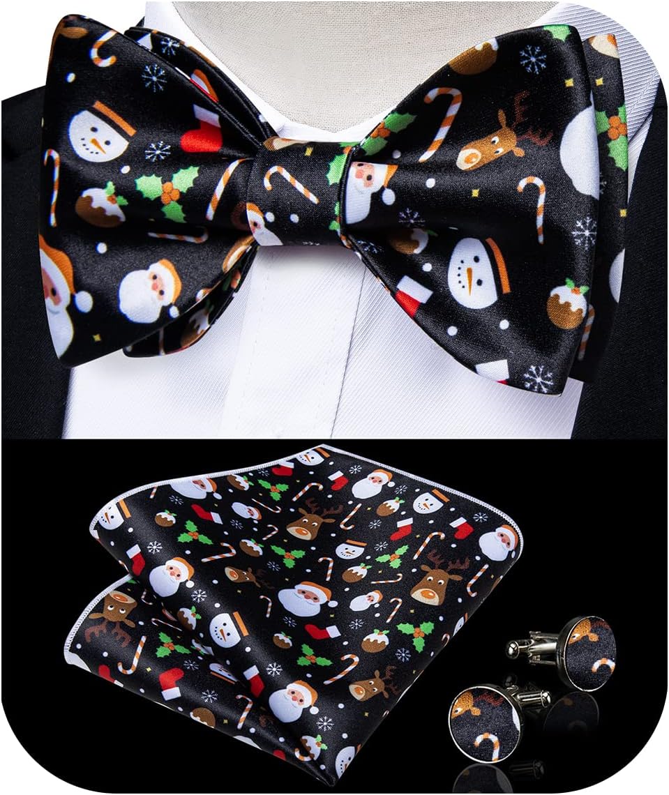 Christams Bow Ties for Men Self Tied Bow Tie Set with Pocket Square Cufflinks Silk Jacquard Woven Bow Tie Black 3110
