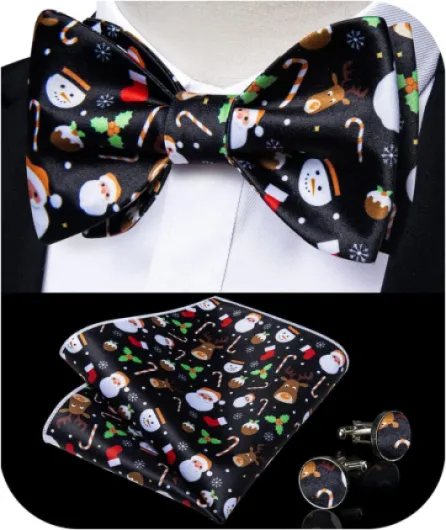 Christams Bow Ties for Men Self Tied Bow Tie Set with Pocket Square Cufflinks Silk Jacquard Woven Bow Tie Black 3110