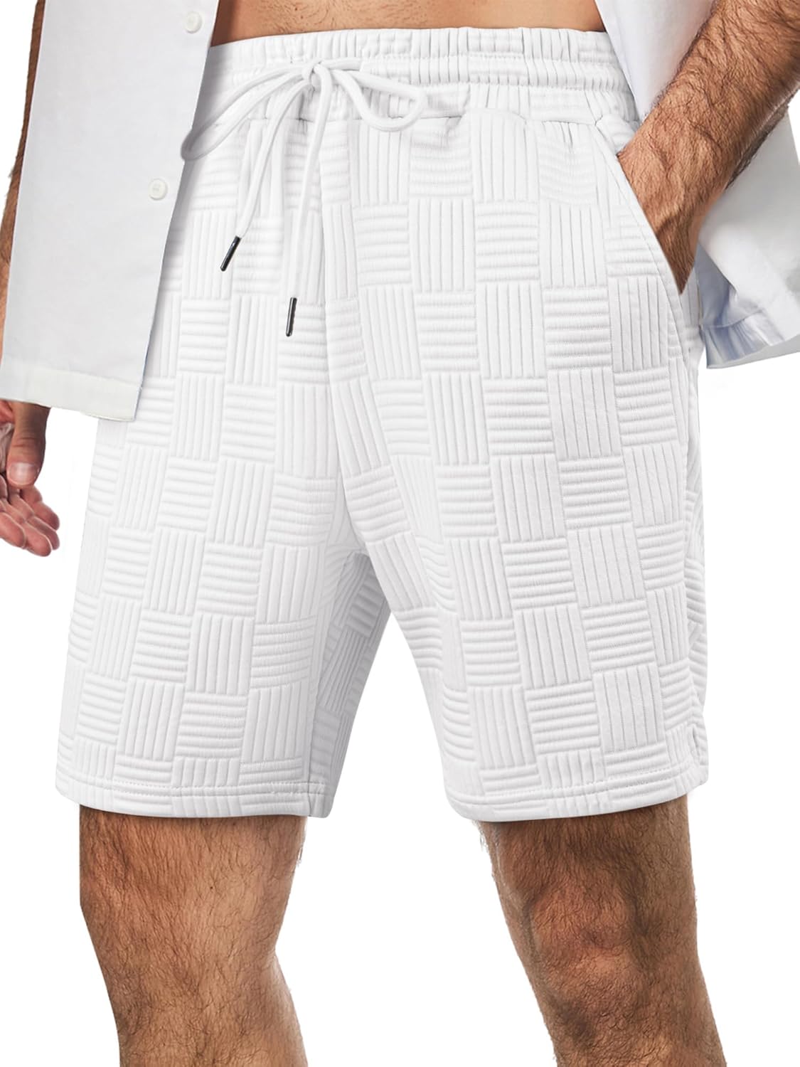 Men's Shorts Casual Stretch Solid Short Elastic Waist Drawstring Lightweight Textured Summer Shorts XX-Large White