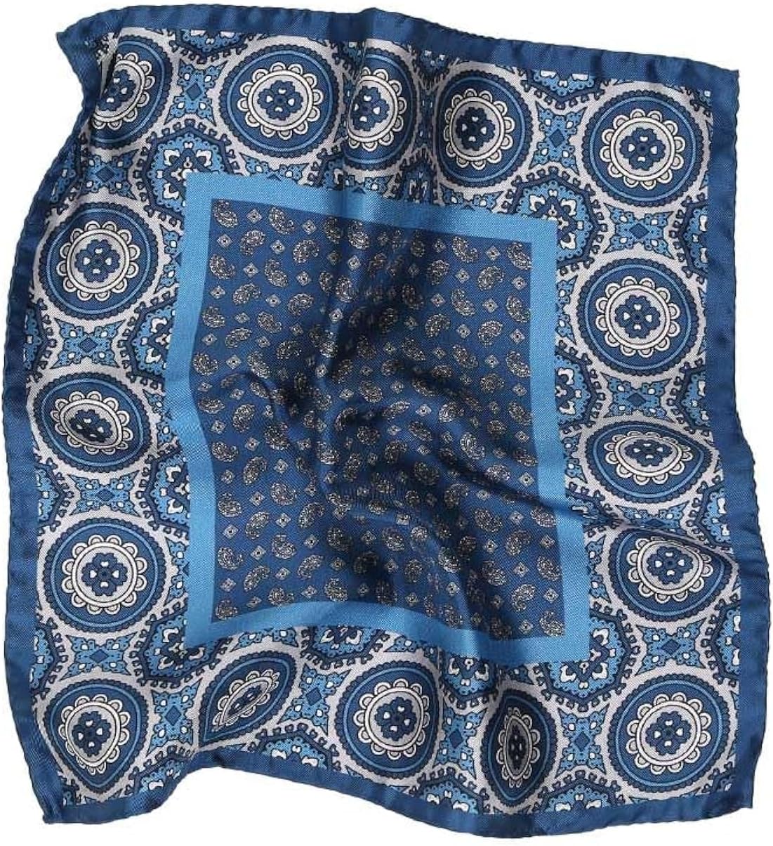 Italian 100% Silk Pocket Square, Premium Small Batch Accessory for Men, 32x32 cm (12.5''x12.5''), One Side Print Steel Blue & Silver