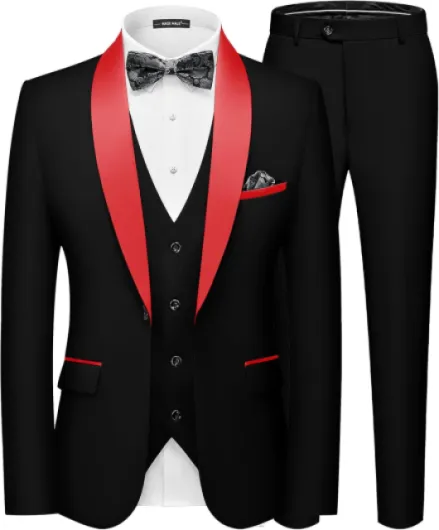 Men's Slim Fit 3 Piece Suit One Button Solid Shawl Lapel Blazer Jacket Vest Pants Set with Tie Pocket Square XX-Large Black-red