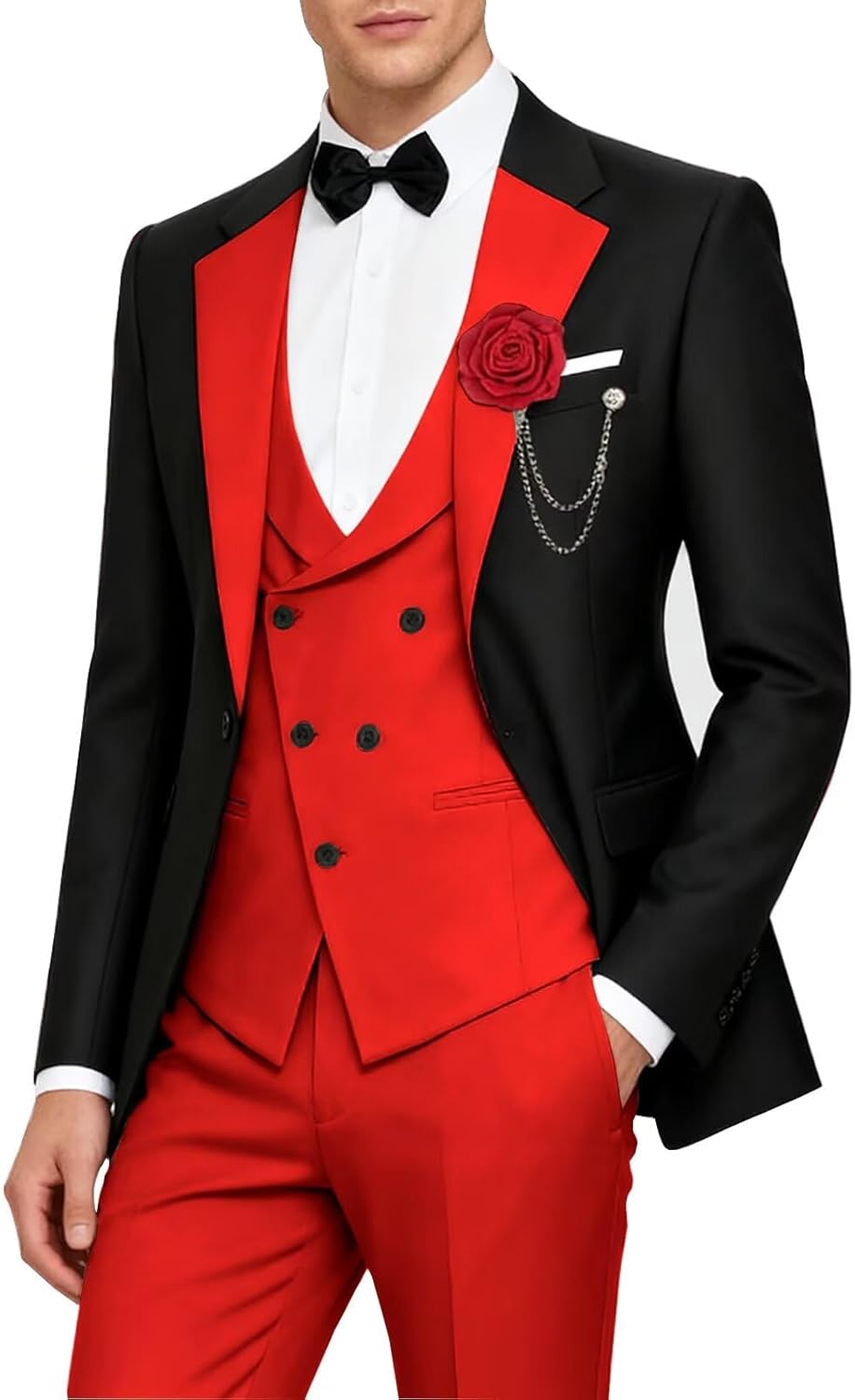 Mens Tuxedo Suit 3 Piece Stylish Men's Suits for Wedding Events Contrast Color Fancy Blazer Vest and Pants 6X-Large Red